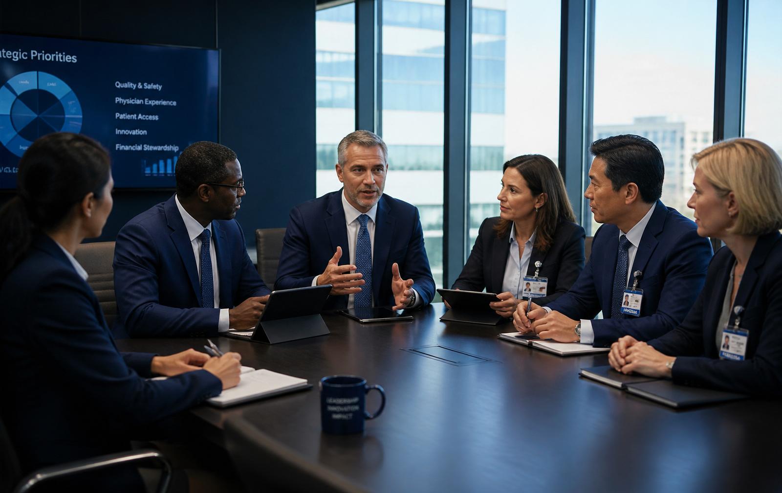Diverse physician leaders in an executive strategy session